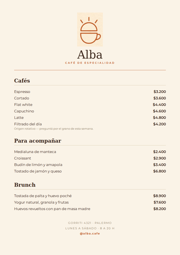Menú impreso de Alba